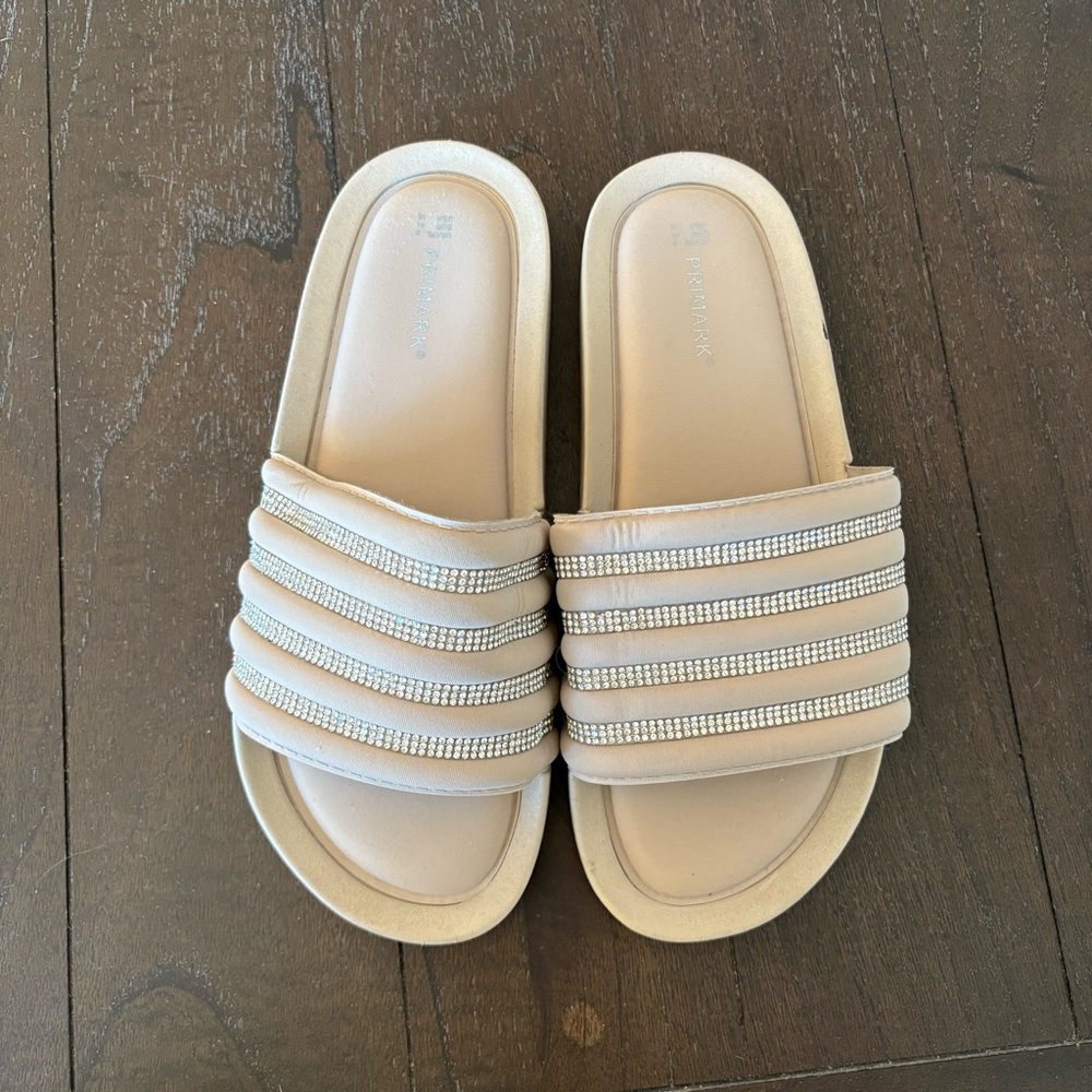 Primark‎ Taupe Rhinestone Neutral Slides Sandals Women’s Size 10